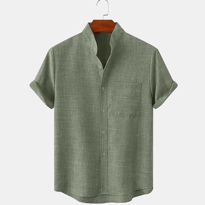 Mens Cotton Linen Stand Collar Shirt Colouronova