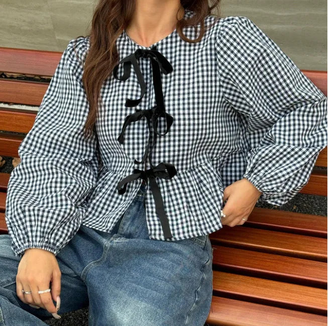 Shirt Women Casual Blouses Coat Plaid Printing Lace Up Bow Round Collar Puff Sleeve Sweet Overshirt Female Spring Summer 2025 - Colouronova