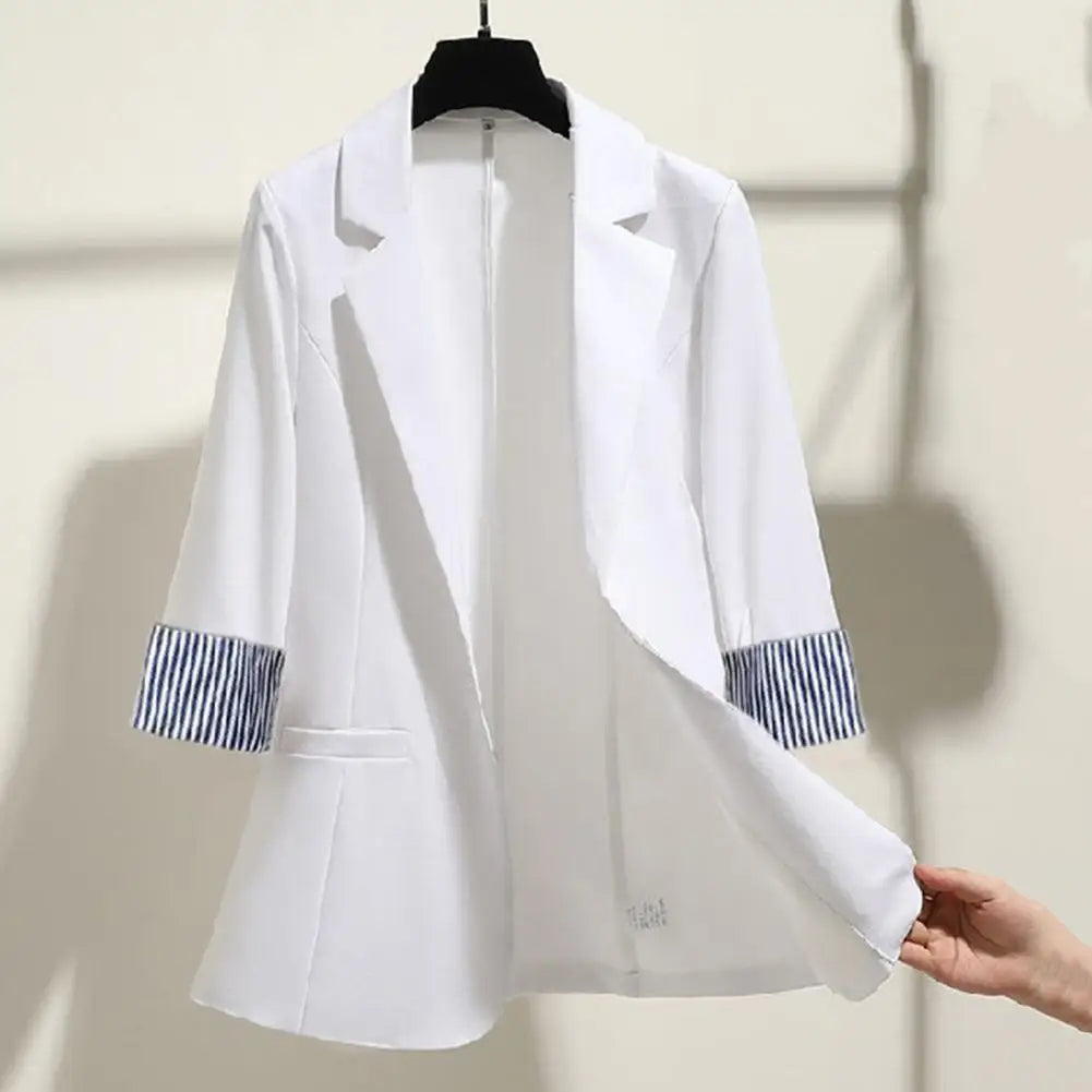 3 4 Sleeve Striped Patchwork Cuff Pockets Women Solid Color Lapel Single Button Thin Suit Coat Workwear - Colouronova