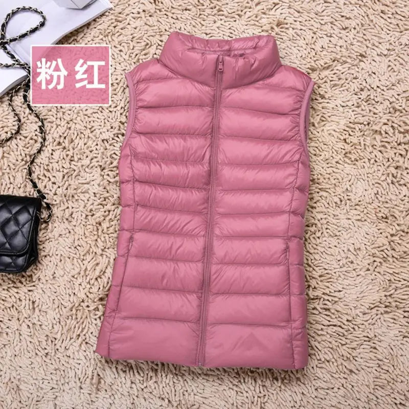 2024 Women's Clothing Down Coats White duck down slim fit new lightweight down vest short standing collar warm thin jacket vests - Colouronova