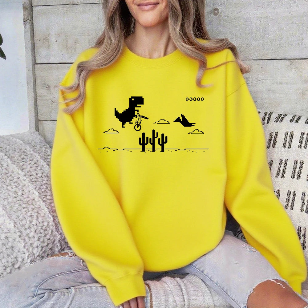 Pixel Art Of The Dino Game Printed Sweatshirts Women Crewneck Sporty Hoodies Loose Fleece Warm Tops Autumn Casual Womans Clothes - Colouronova