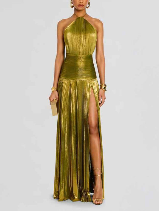 Metallic Halter Slit Backless Dress