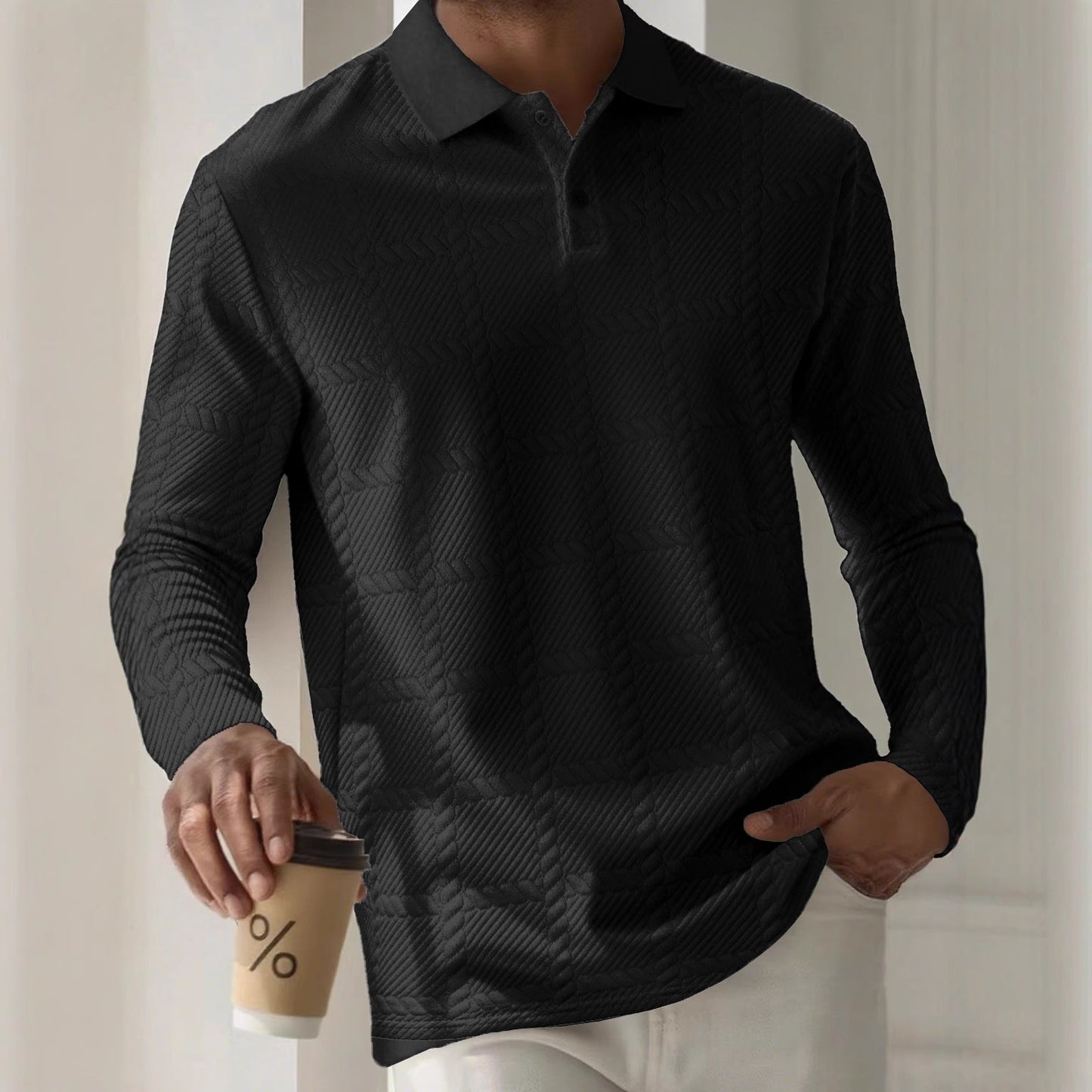 Mens Textured Long Sleeve Polo Shirts Colouronova