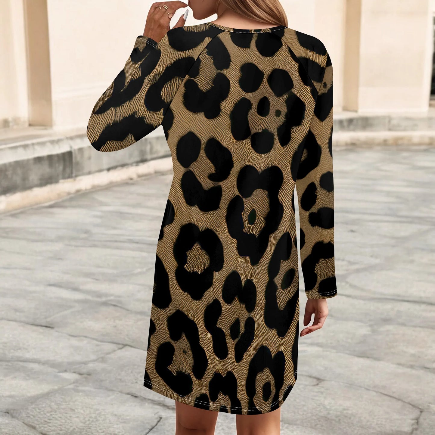 Women's Animal Print Dress Long Sleeve Crew Neck Winter Pullover Casual Loose Comfort Midi Dresses - Colouronova