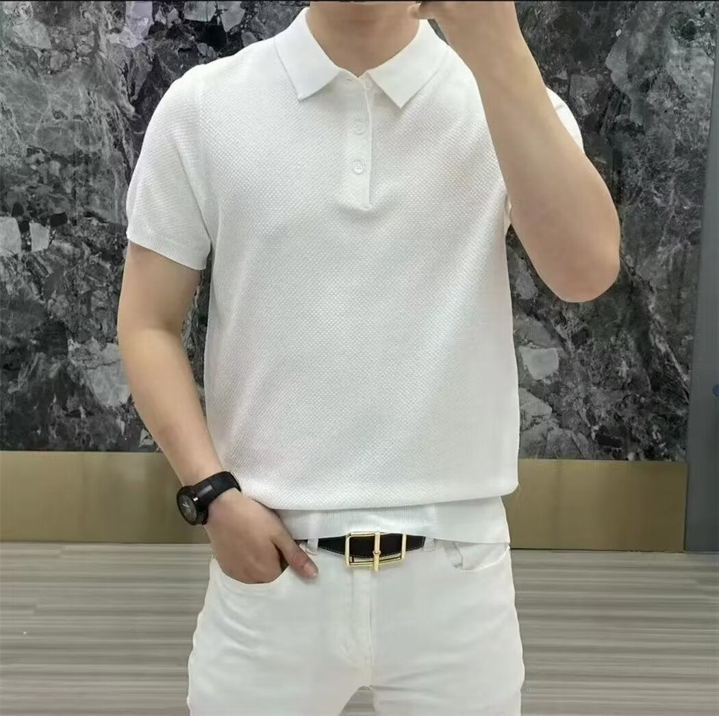 Fashion Casual Lapel Pure Color Polo Shirt Casual Knitted Short-Sleeved Men's Summer New Breathable Trendy Men's T-Shirt Colouronova