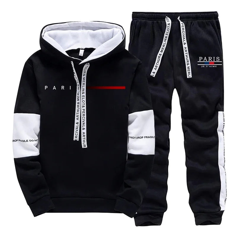 2025 Trendy Paris Print Hooded Tracksuit Men Winter Autumn Casual Jogging Outfit Athletic Sportswear Sweatpants Men's Clothes - Colouronova