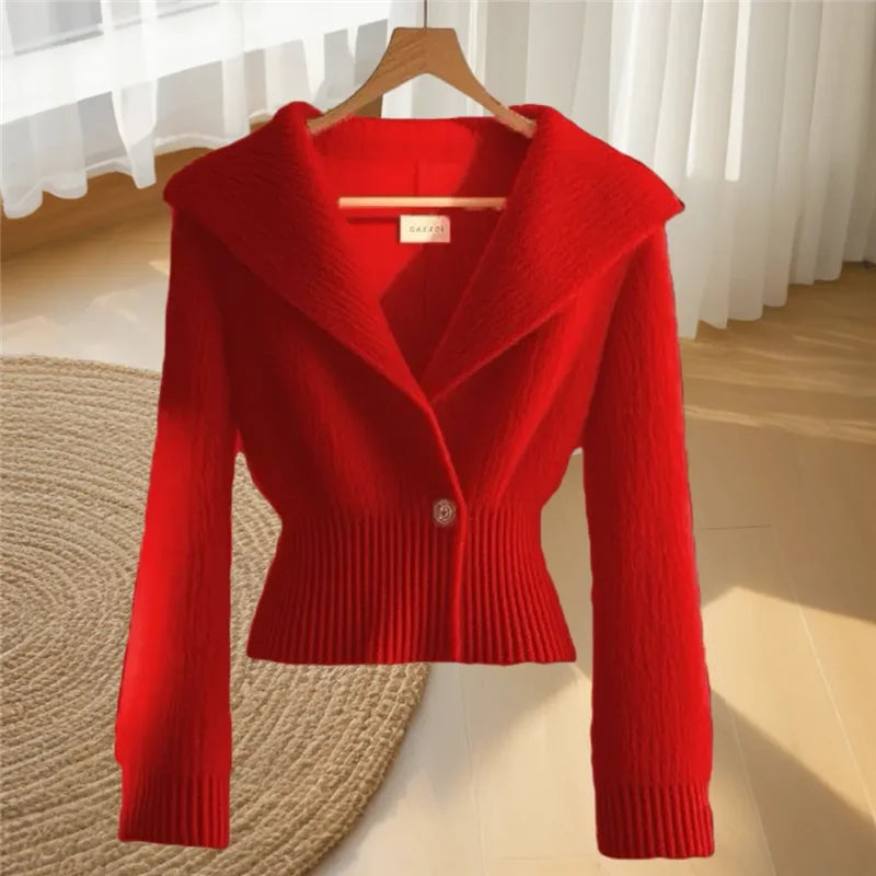 Autumn Winter Women's Sweater Knitwear 2025 New Fashion Loose Casual Tops Cardigan Pure Colour The Waist V-Neck Outerwear Female - Colouronova
