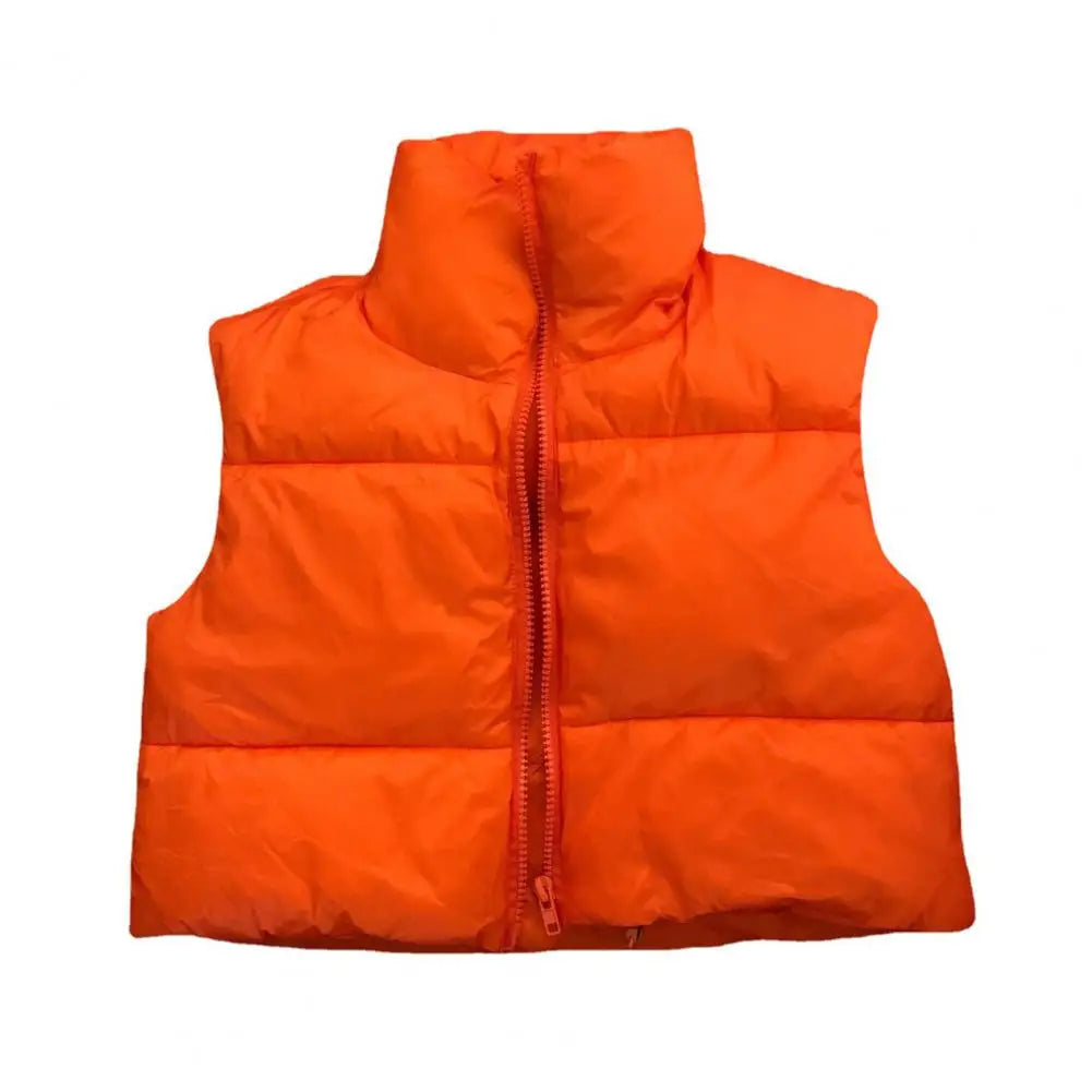 Fall Winter Warm Cropped Vest Jackets for Women Fashion Sleeveless Stand Collar Zip Up Puffer Waistcoat Street Style Outwear - Colouronova