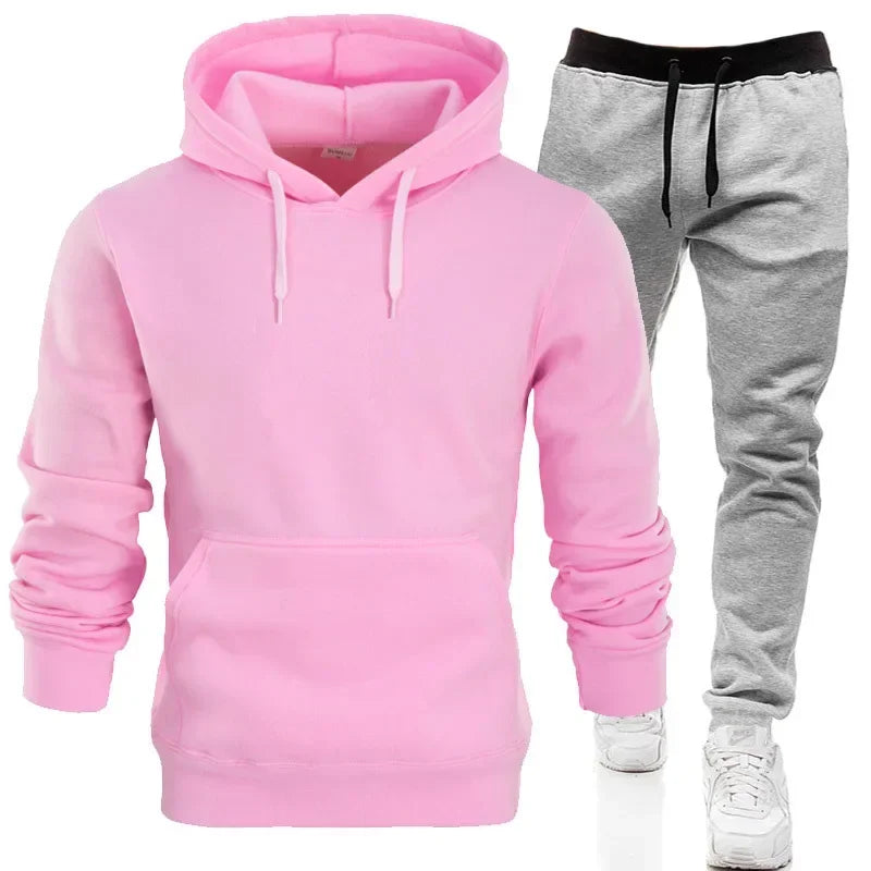 Men Tracksuits Autumn Winter Fleece Warm Suit 2 Pieces Sets Hooded Sweatshirt Pants Long Sweatpants Streetwear Men Outfit Set - Colouronova