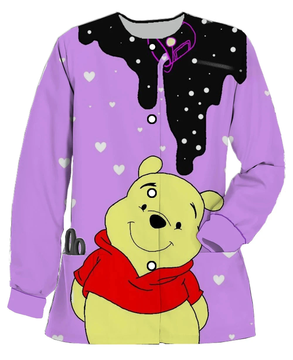 Autumn and Winter New Disney Winnie the Pooh Print Women's Double Pocket Long Sleeve Snap Button Scrub Jacket Medical Coat Colouronova