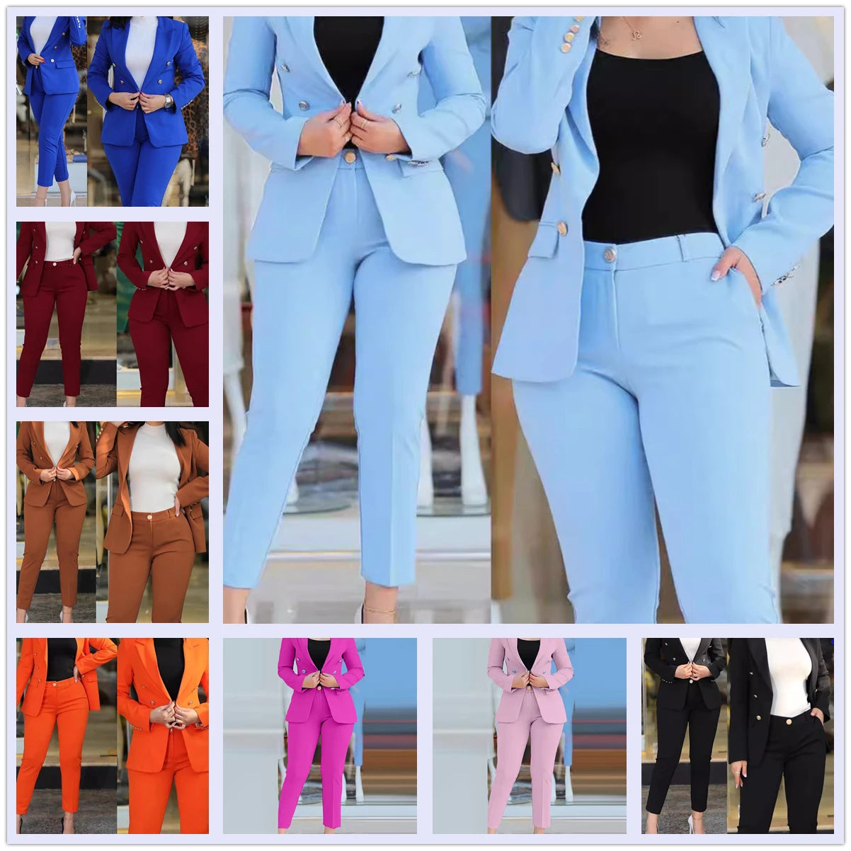 Elegant Office Lady Two Piece Sets Autumn Winter Women Fashion Notched Neck Long Sleeve Blazer & High Waist Work Pants Suits - Colouronova