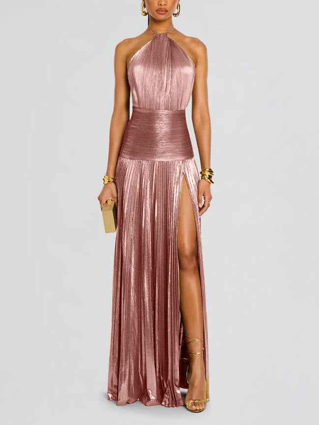 Metallic Halter Slit Backless Dress