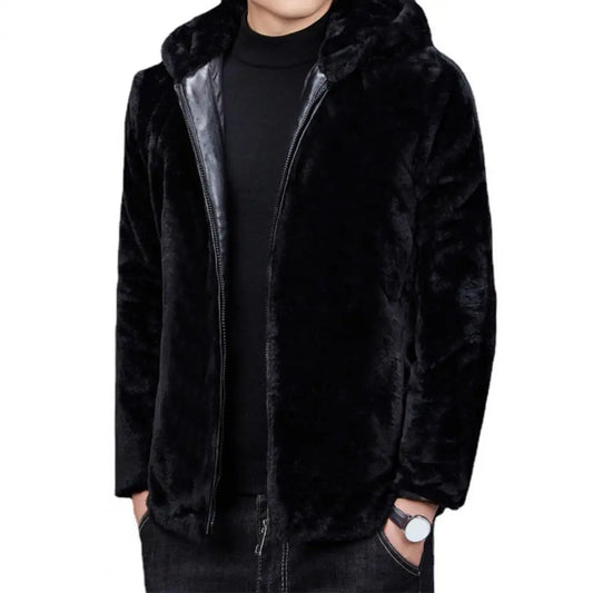 Men Coat Hooded Long Sleeve Imitation Mink Fur Jacket With Pockets Zipper Placket Thick Fleece Winter Coat - Colouronova