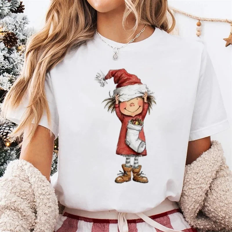 T-Shirt Women's Christmas Socks Christmas Gift Cartoon Street Round Neck Top Women's Casual Harajuku Fashion New Year T-Shirt Colouronova