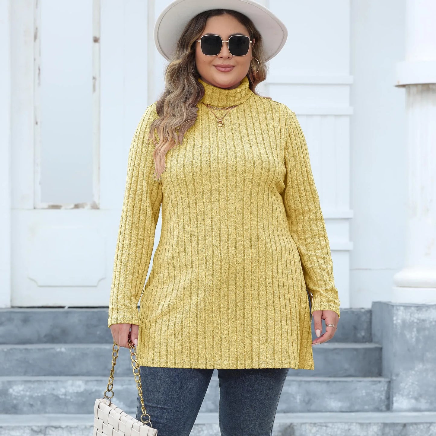 Women Turtleneck Top T Shirt Basic Tees Side Split Stripe Long Sleeve Casual Layering Tops 2025 Autumn Winter Office Lady - Colouronova