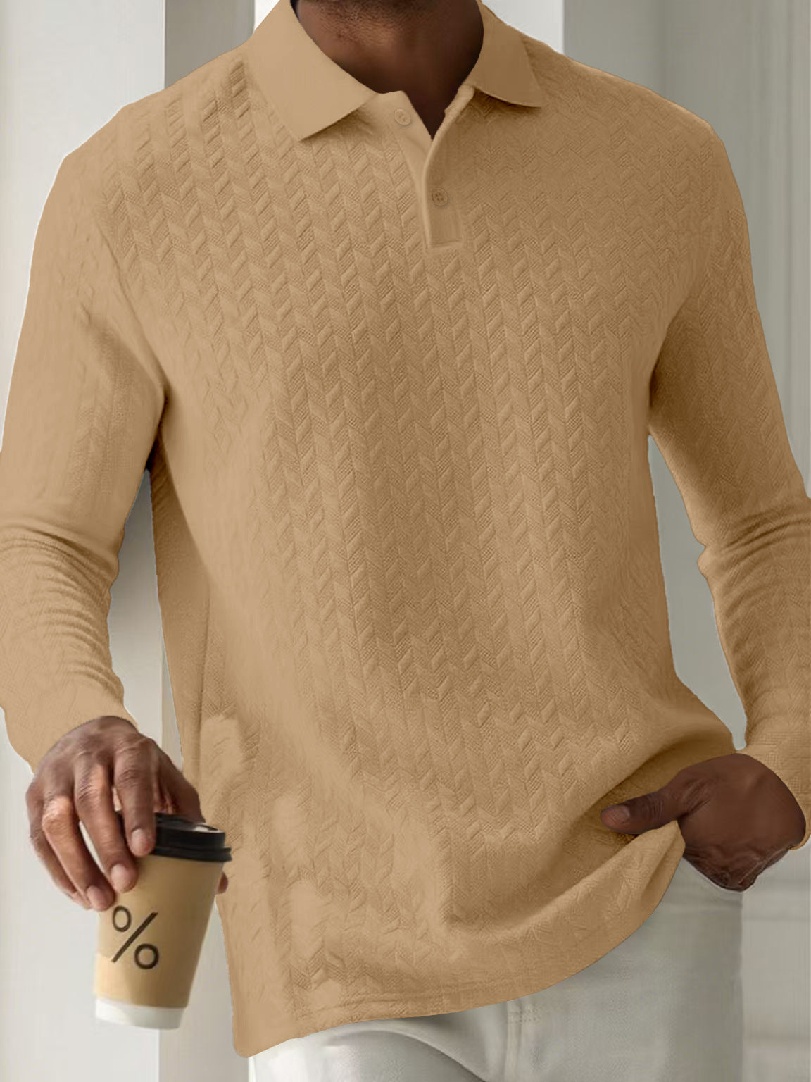 Mens Textured Long Sleeve Polo Shirts Colouronova