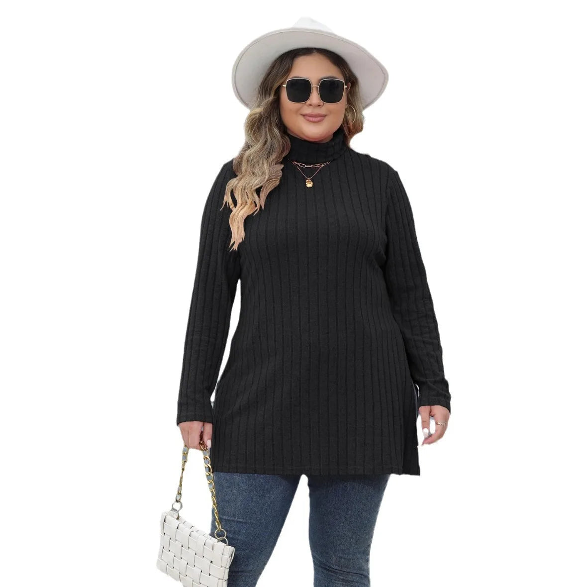 Women Turtleneck Top T Shirt Basic Tees Side Split Stripe Long Sleeve Casual Layering Tops 2025 Autumn Winter Office Lady - Colouronova