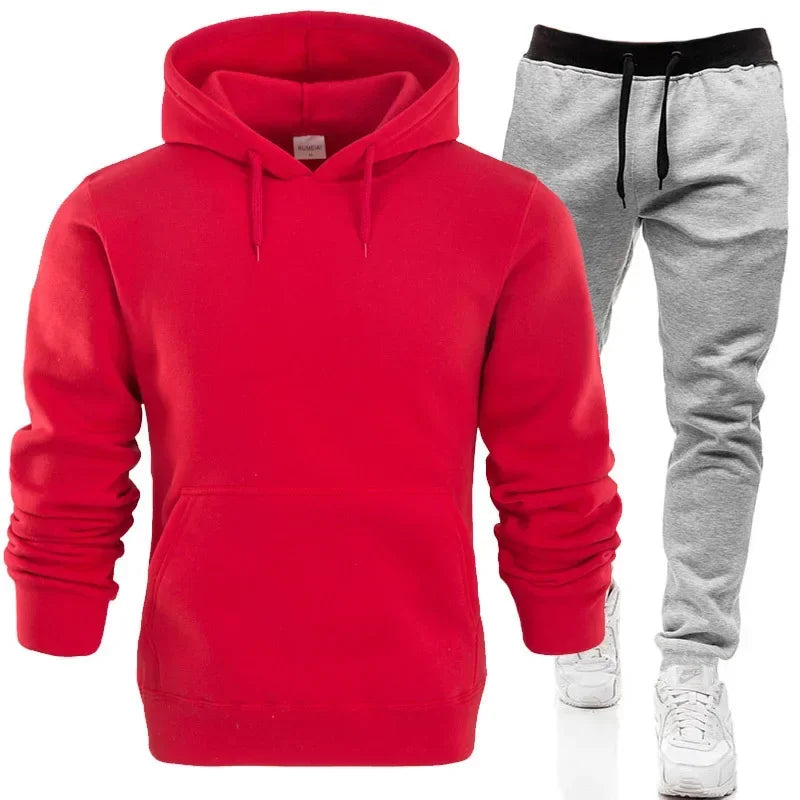 Men Tracksuits Autumn Winter Fleece Warm Suit 2 Pieces Sets Hooded Sweatshirt Pants Long Sweatpants Streetwear Men Outfit Set - Colouronova