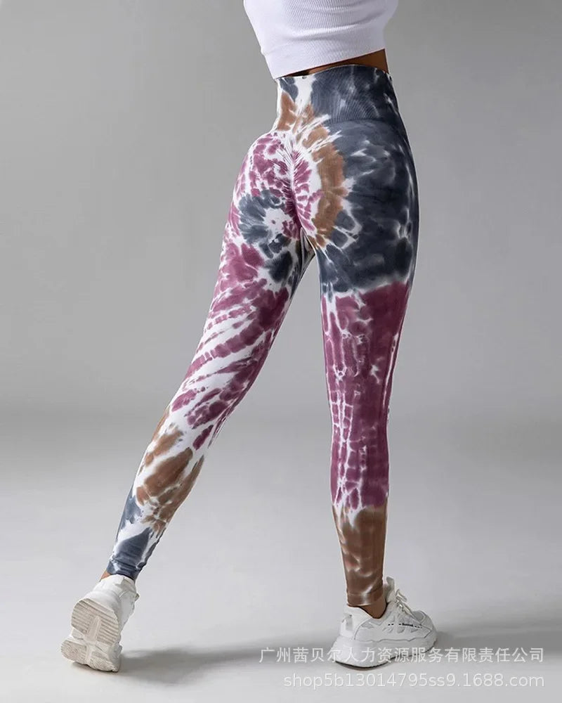 Women Sports Running Gym Work Out Pants Tie Dye Print Butt Lifting Yoga Pants High Waist Booty Scrunch Leggings - Colouronova