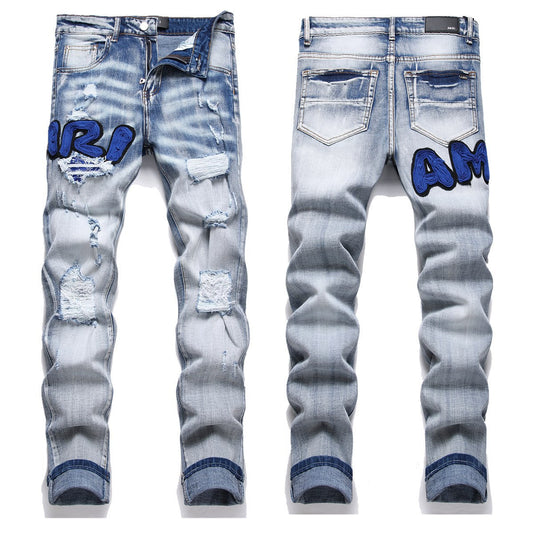 Blue Embroidered Distressed Patchwork Slim-Fit Jeans Colouronova