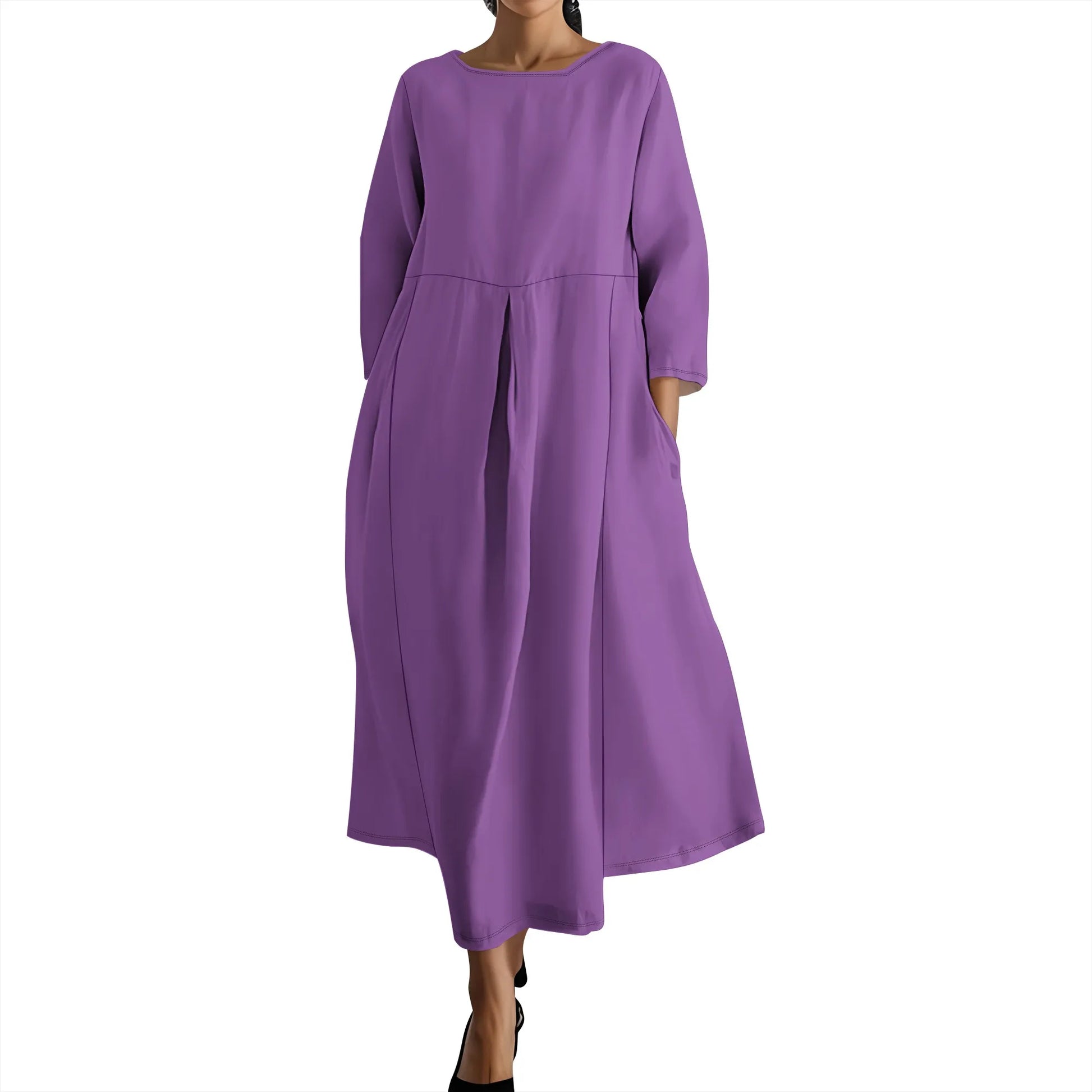 Women's Long Sleeve Elegant Solid Color Autumn Maxi Dresses Casual Loose Plus Size Beach Dress for Women with Pockets - Colouronova