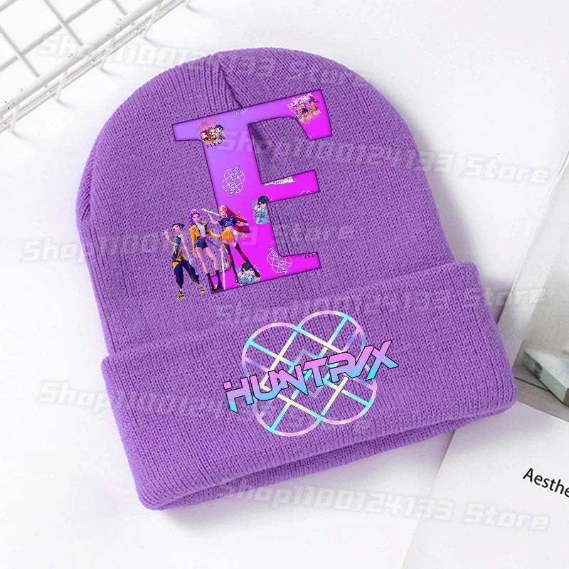 Demone Hunter Kids Knitted Hats Cute Letters A-Z Anime Girl Kawaii Beanie Headgear Outdoor Street Warm Knit Cap Party Games Gift - Colouronova
