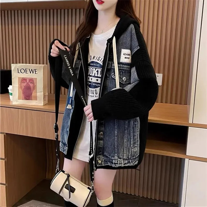 2025 New Autumn Winter Fashion Hooded Denim Patchwork Sweater Knitted Cardigan Coat Women Loose Fake Two Pieces Outerwear W646 - Colouronova