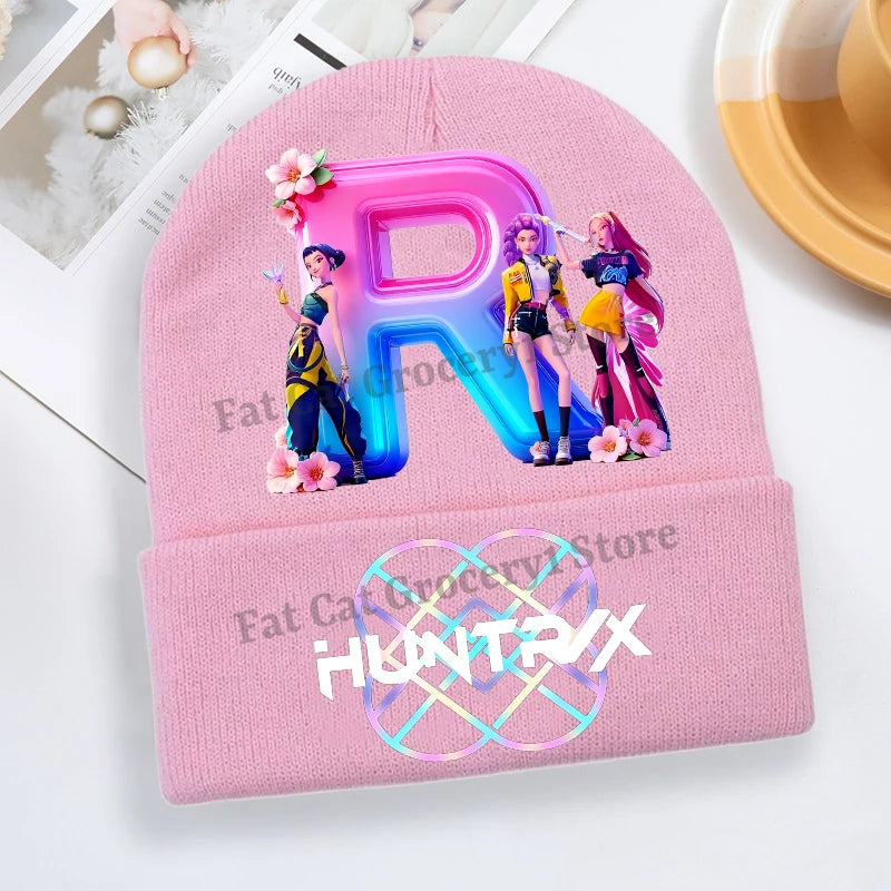 Kpop Demon Hunter Knitted Hat Girls Cute Letter A-Z Knit Cap Kids Winter Outdoors Warm Beanies Children Fashion Headgear Gift - Colouronova