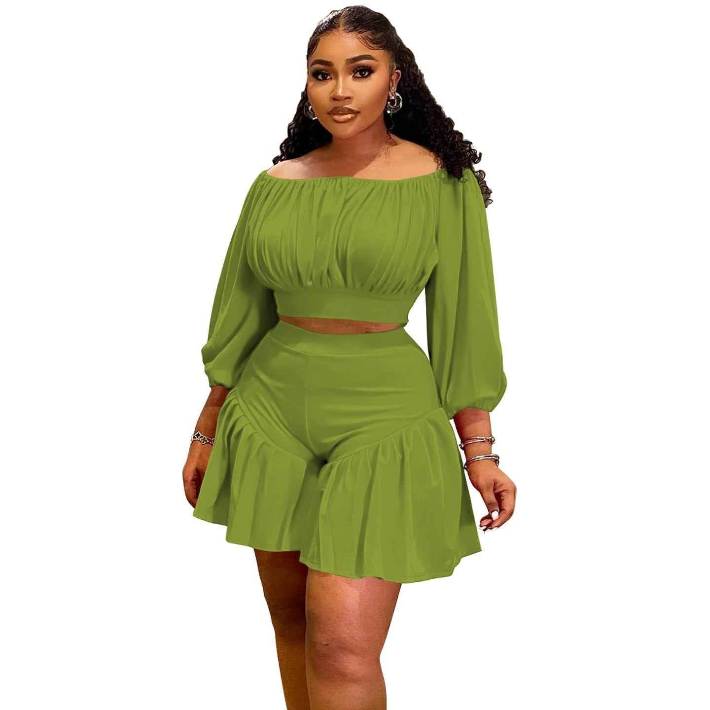 Plus-Size Off-Shoulder Pleated Women's Set
