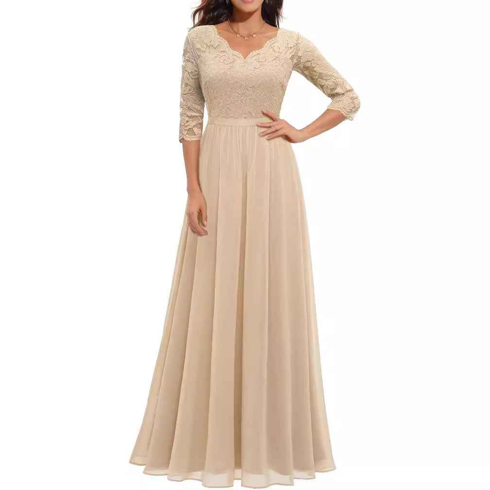 Lace Splicing Long Waist-Cinching Dress