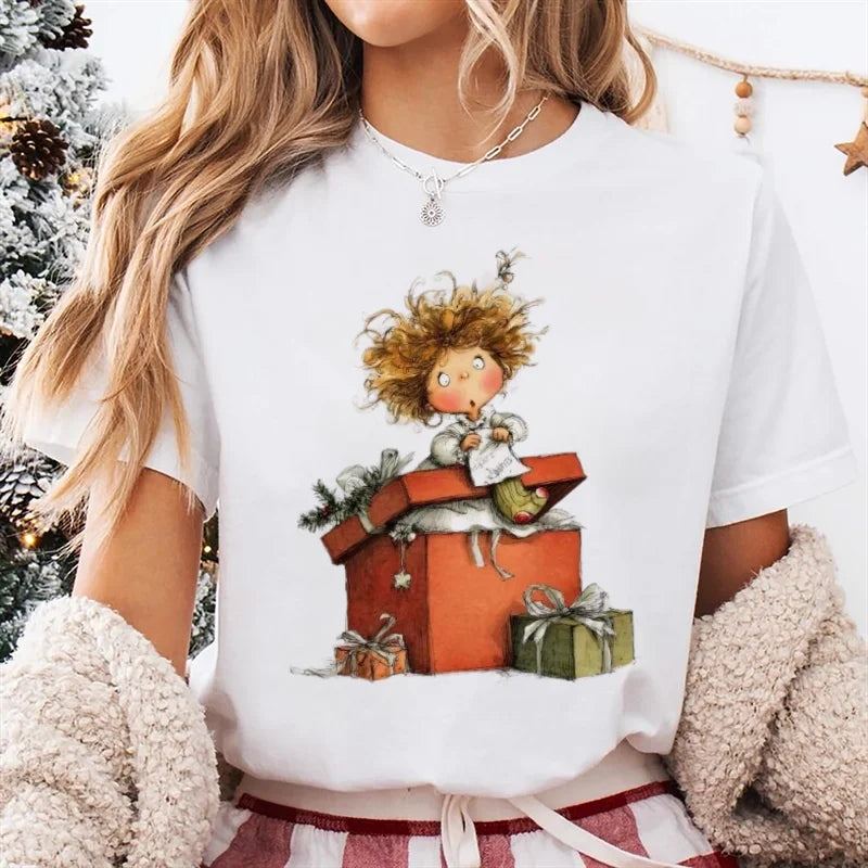 T-Shirt Women's Christmas Socks Christmas Gift Cartoon Street Round Neck Top Women's Casual Harajuku Fashion New Year T-Shirt - Colouronova