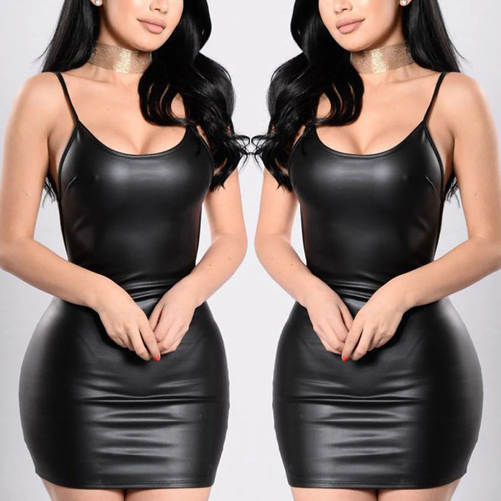 Tie Women Dress Pants Women Pleated Women's Sexy Leather Look Mini Dress Bodycon Cocktail Dress with Open Back - Colouronova