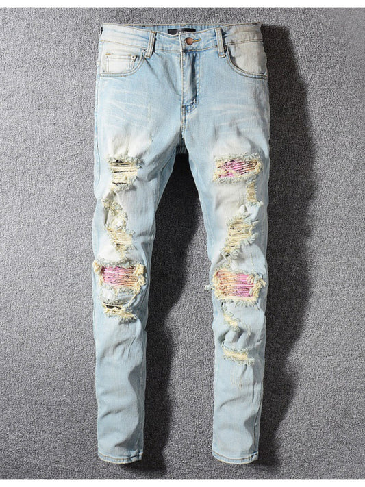 Hole-repaired denim pants Colouronova