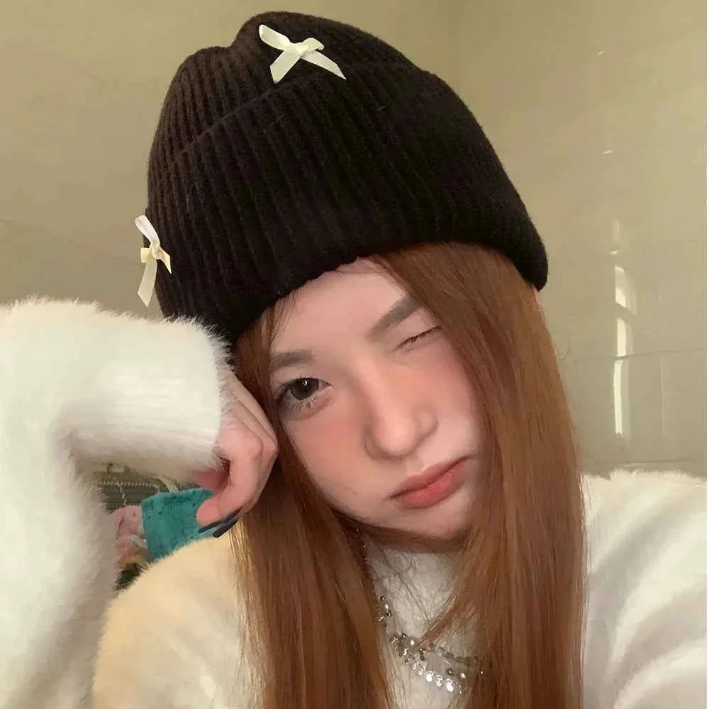 Korean Bow Women Beanie Cap Autumn Winter Warm Ins Style Cute Y2K Girls Knitted Hat Solid Color Bowknot Female Thermal Skullcap
