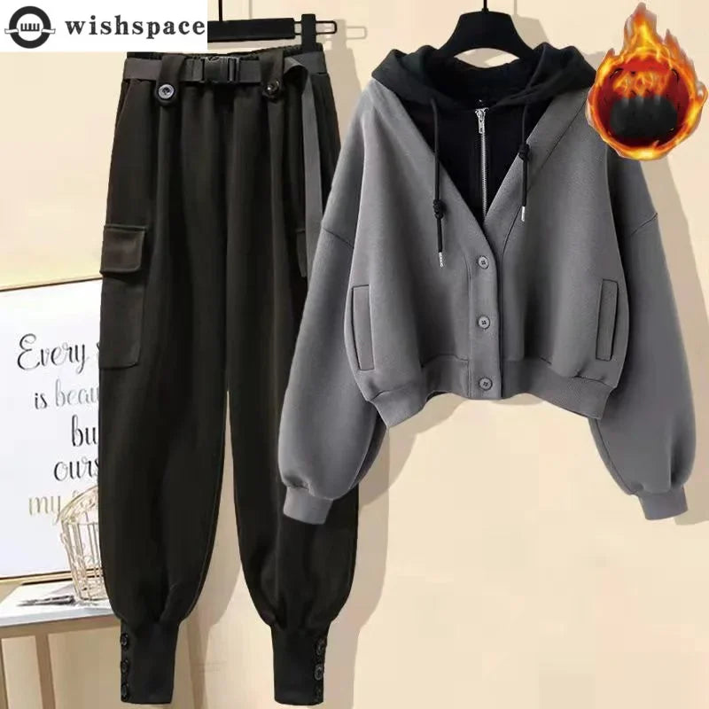 Autumn and Winter Collection with Plush and Thick Long Sleeved Hooded Jacket Work Pants Two-piece Set Women's Pants Set - Colouronova