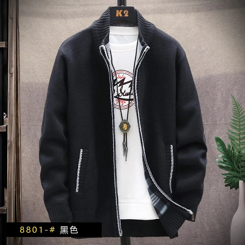 Men's Winter Autumn Fleece Sweater Zipper Cardigan Korean Warm Jacket Coat Sports Male Jumper Knit Clothing Brown Jacket - Colouronova