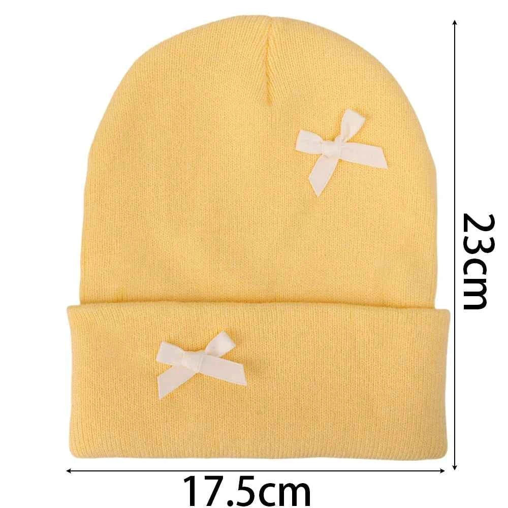 Korean Bow Women Beanie Cap Autumn Winter Warm Ins Style Cute Y2K Girls Knitted Hat Solid Color Bowknot Female Thermal Skullcap