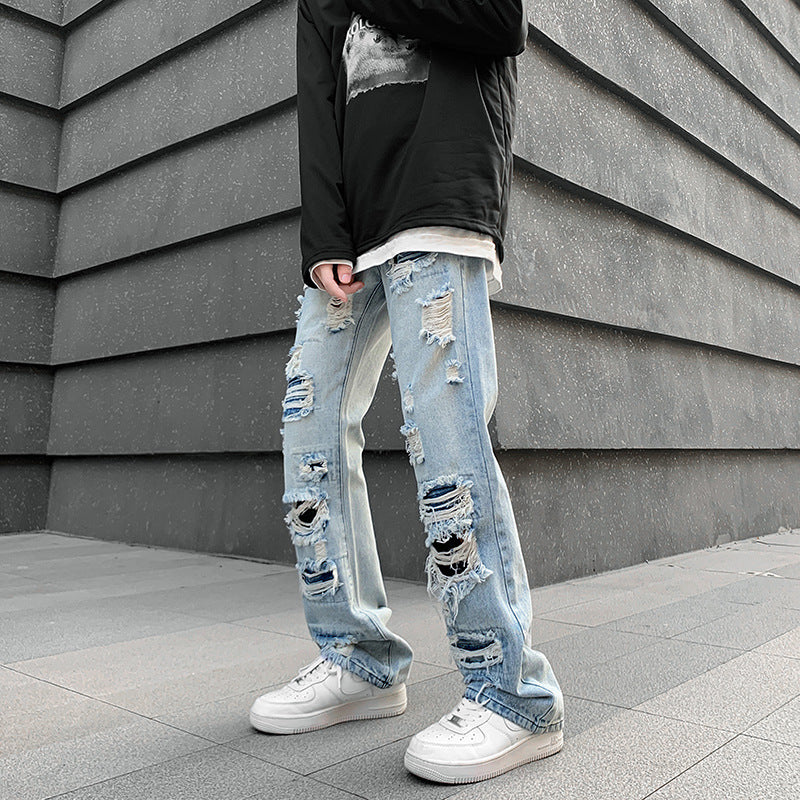Men's Straight Leg Ripped Denim Jeans Colouronova