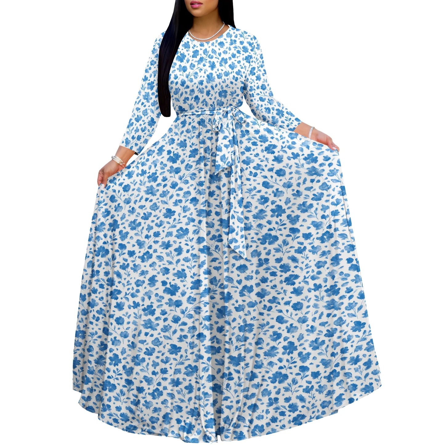 Long Sleeve Plus Size Maxi Fall Dress for Curvy Women Round Neck 3/4 Sleeve Long Dress Cocktail Party Dress - Colouronova