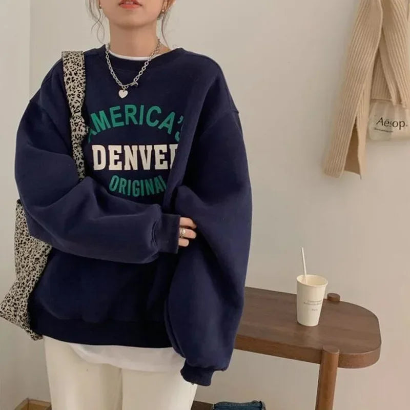 Women's Sweatshirt, Printed Letter Pullover, Casual Tops, Autumn and Winter O-Neck Hoodies, Design Sense, High Street Pupil Coat - Colouronova