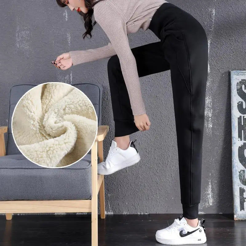 2022 Winter Women Fleece Pants Casual Keep Warm Thick Trousers Fashion Solid Color Loose High Lamb Fur Slim Waist Sweatpants 4XL - Colouronova
