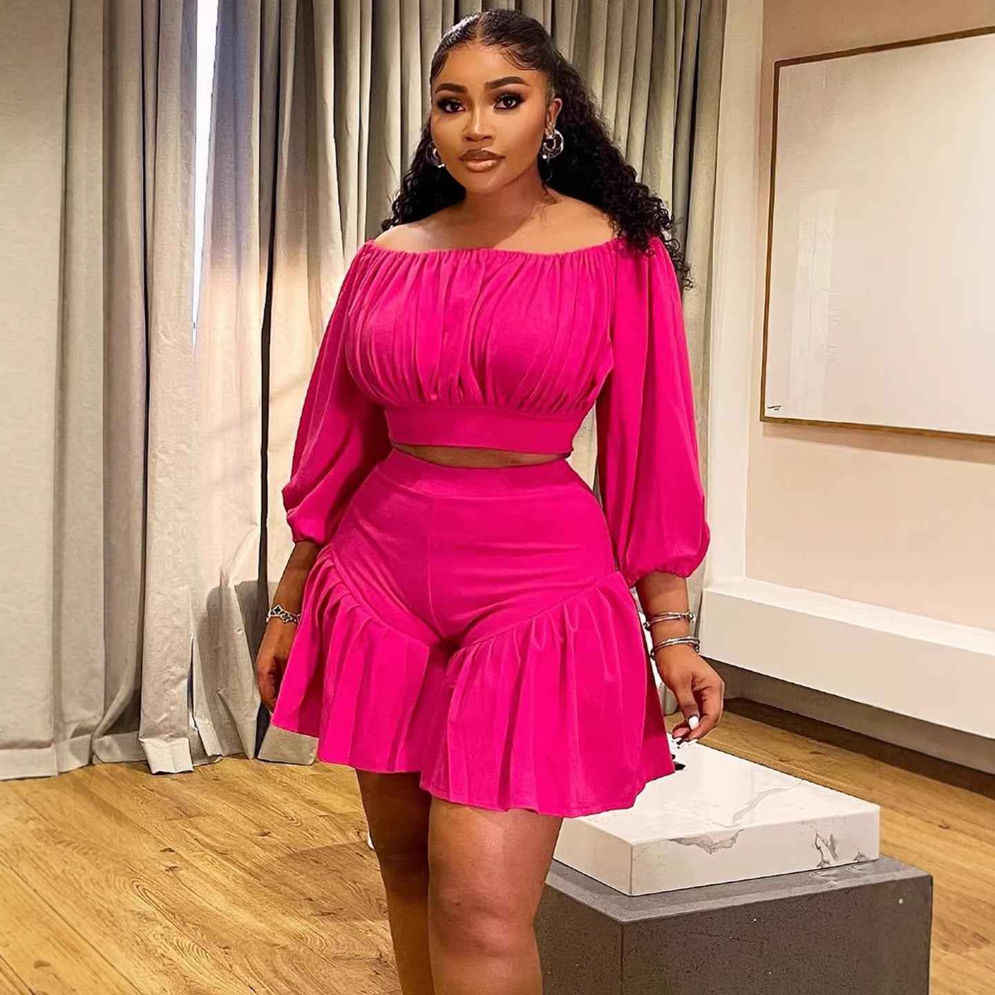Plus-Size Off-Shoulder Pleated Women's Set