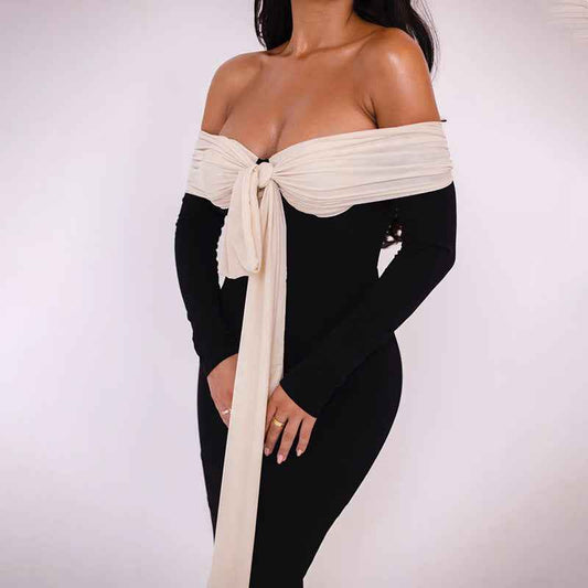 Off-Shoulder Bodycon Long Dress with Bow