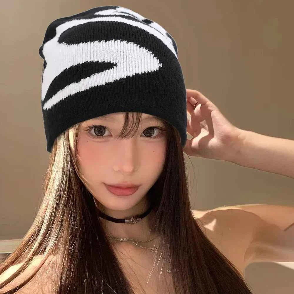 Warm Hip Hop Hats Winter Women Men Black Soft Comfortable Knitted Hats Outdoor Elastic Versatile Printed Cap Fashion Accessories