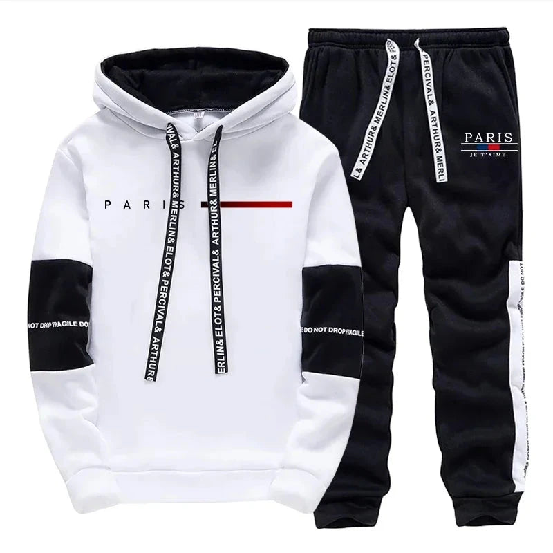 2025 Trendy Paris Print Hooded Tracksuit Men Winter Autumn Casual Jogging Outfit Athletic Sportswear Sweatpants Men's Clothes Colouronova