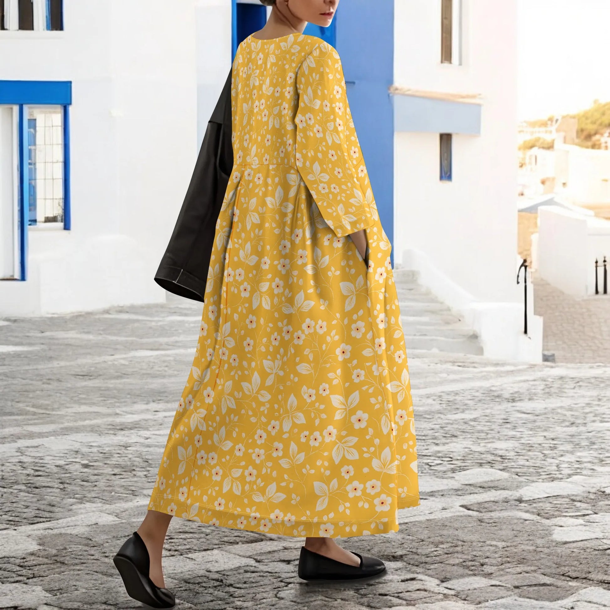 Women's Long Sleeve Elegant Solid Color Autumn Maxi Dresses Casual Loose Plus Size Beach Dress for Women with Pockets - Colouronova