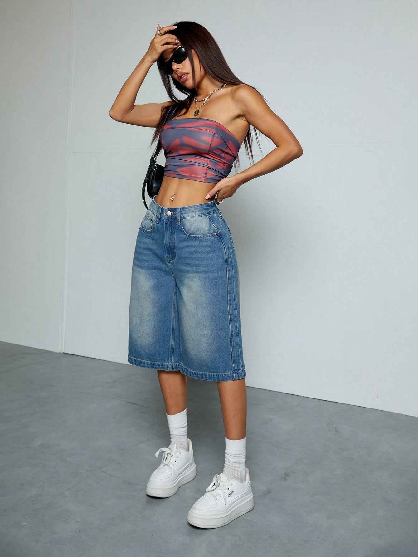 eStraight-Leg Denim Shorts