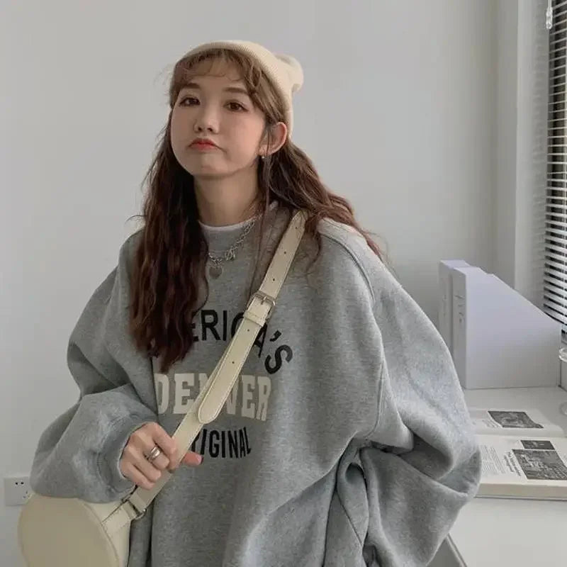 Women's Sweatshirt, Printed Letter Pullover, Casual Tops, Autumn and Winter O-Neck Hoodies, Design Sense, High Street Pupil Coat - Colouronova