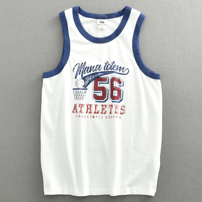 Summer Japan Retro Printed Basketball Loose Sleeveless T-shirt Tank Tops American Vintage Casual 100% Cotton Vest Tees for Men - Colouronova