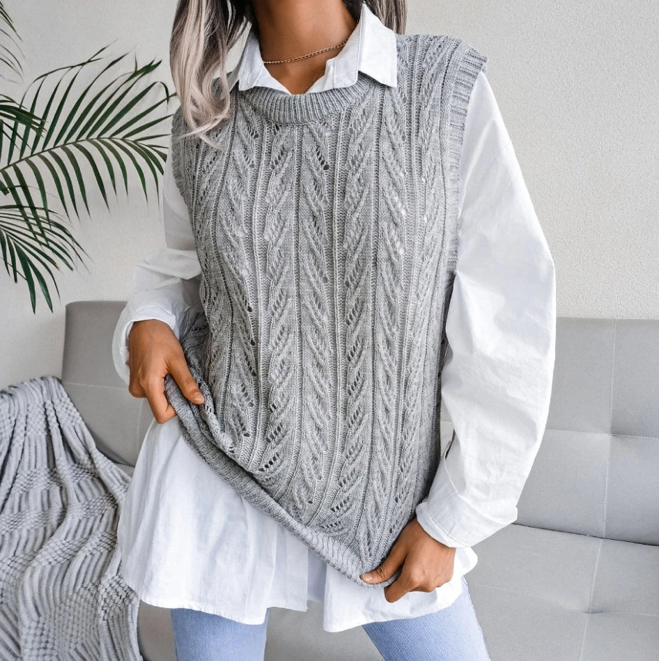 women's winter sweaters Korean popular women's vest solid color O-neck sleeveless hollow knitted loose casual sweater vest - Colouronova